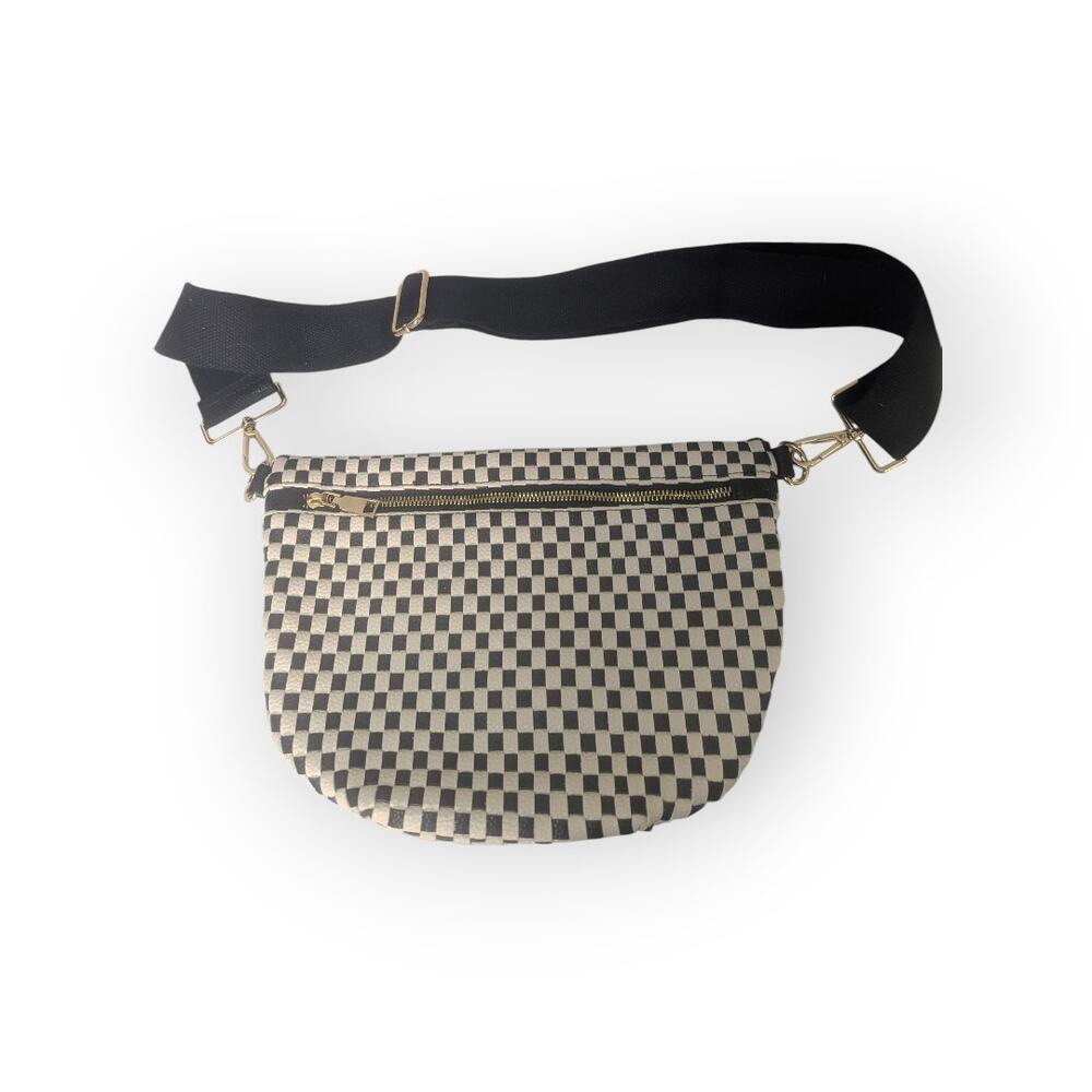 Checkerboard Print Crescent Crossbody Bag with Adjustable Strap